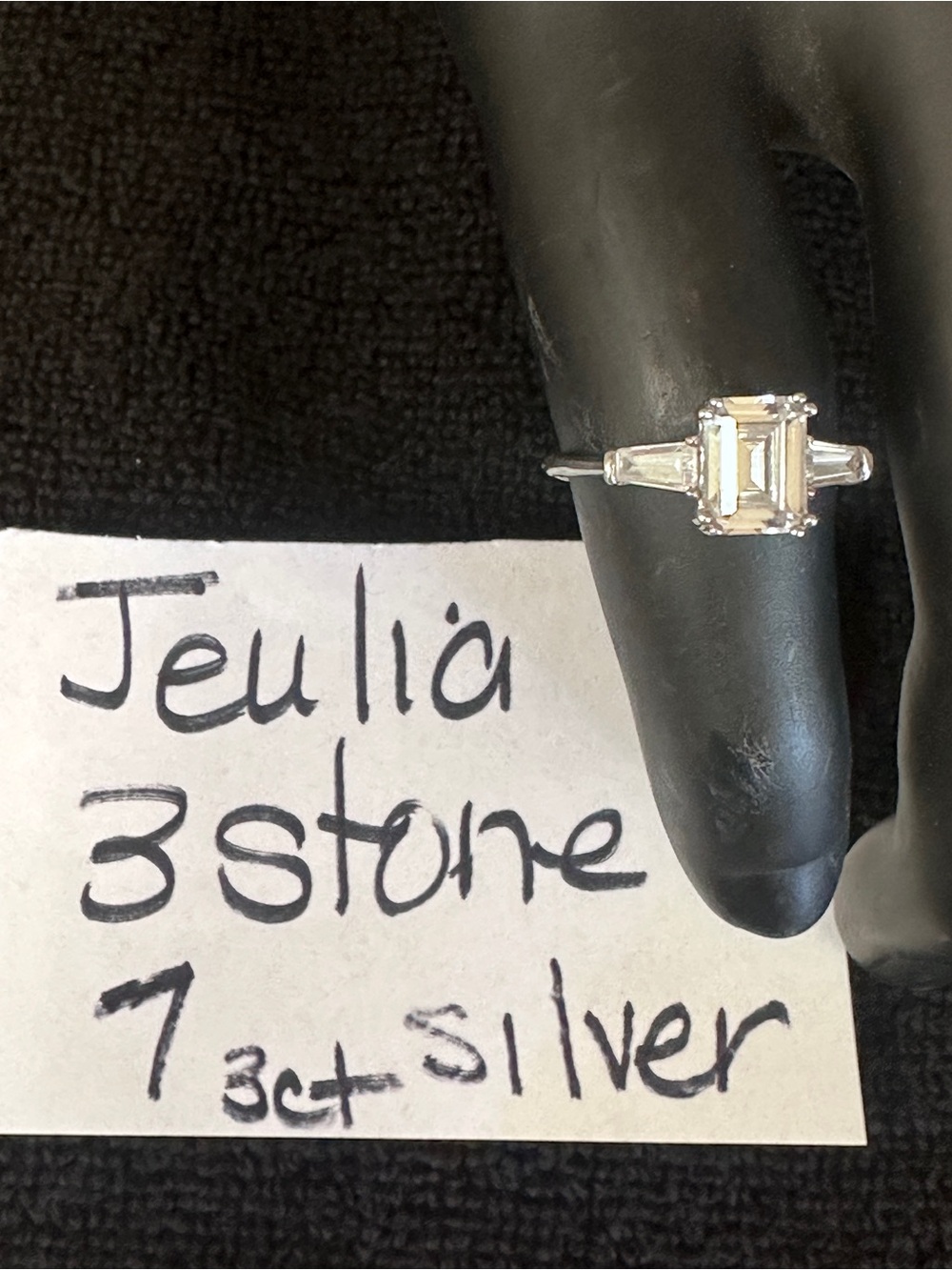 Jeulia Emerald-Cut Three-Stone Silver Ring size 7 3 ct